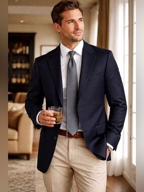 Jeffrey Banks blazer jacket sport coat navy subtle pinstripe wool 42L office EUC